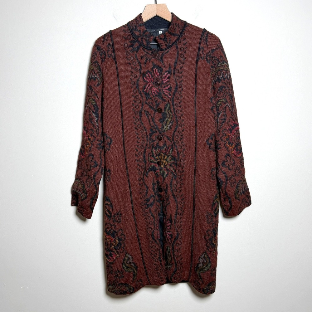 Peruvian Connection Longline Alpaca Cardigan Sweater Coat L Burgundy Floral Knit